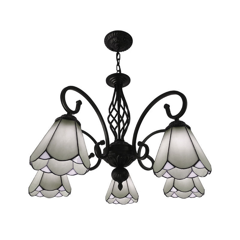Black Cone Chandelier Lamp Baroque 5/6/8 Lights White/Blue Glass Drop Pendant for Living Room 5 White Clearhalo 'Ceiling Lights' 'Chandeliers' 'Industrial' 'Middle Century Chandeliers' 'Tiffany Chandeliers' 'Tiffany close to ceiling' 'Tiffany' Lighting' 331742