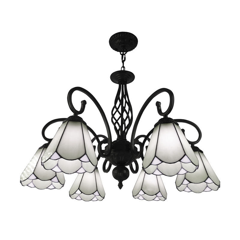 Black Cone Chandelier Lamp Baroque 5/6/8 Lights White/Blue Glass Drop Pendant for Living Room 6 White Clearhalo 'Ceiling Lights' 'Chandeliers' 'Industrial' 'Middle Century Chandeliers' 'Tiffany Chandeliers' 'Tiffany close to ceiling' 'Tiffany' Lighting' 331743