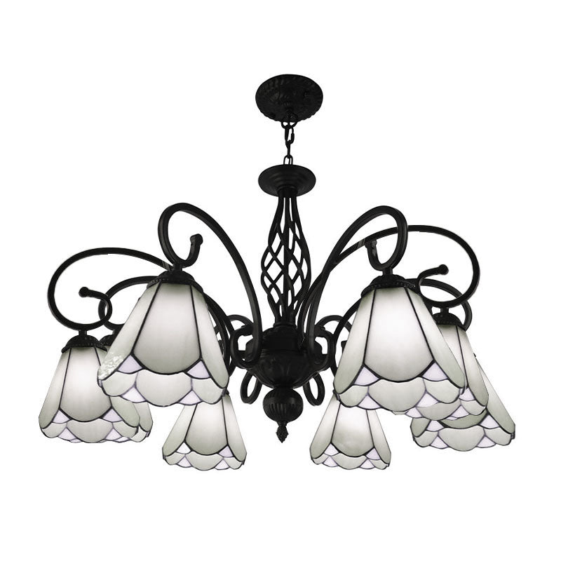 Black Cone Chandelier Lamp Baroque 5/6/8 Lights White/Blue Glass Drop Pendant for Living Room 8 White Clearhalo 'Ceiling Lights' 'Chandeliers' 'Industrial' 'Middle Century Chandeliers' 'Tiffany Chandeliers' 'Tiffany close to ceiling' 'Tiffany' Lighting' 331744