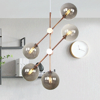 Modernist Global Hanging Ceiling Lamp Amber/Smoke Gray Glass 5 Bulbs Living Room LED Chandelier Lamp Smoke Gray Clearhalo 'Ceiling Lights' 'Chandeliers' 'Glass shade' 'Glass' 'Modern Chandeliers' 'Modern' Lighting' 331751
