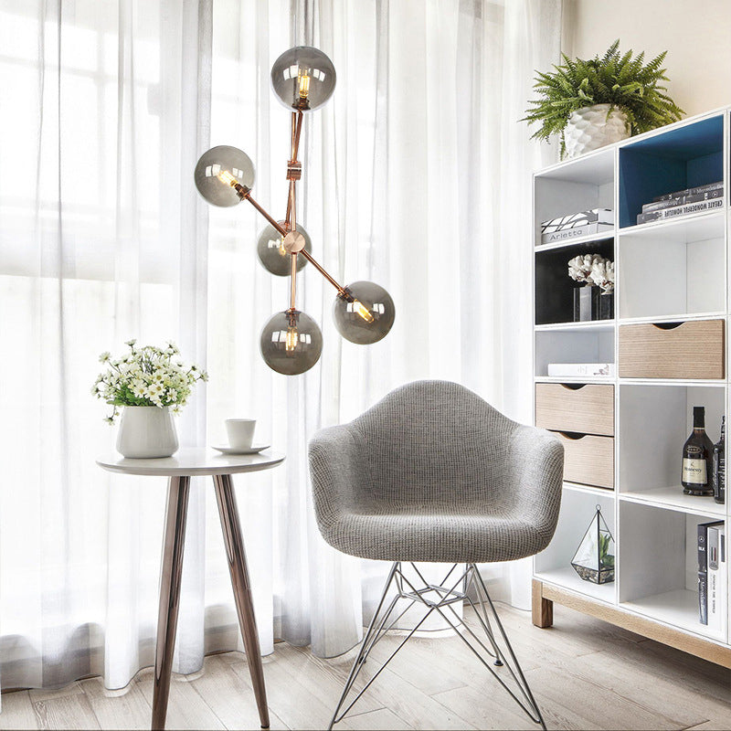 Modernist Global Hanging Ceiling Lamp Amber/Smoke Gray Glass 5 Bulbs Living Room LED Chandelier Lamp Clearhalo 'Ceiling Lights' 'Chandeliers' 'Glass shade' 'Glass' 'Modern Chandeliers' 'Modern' Lighting' 331753