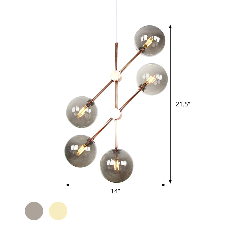 Modernist Global Hanging Ceiling Lamp Amber/Smoke Gray Glass 5 Bulbs Living Room LED Chandelier Lamp Clearhalo 'Ceiling Lights' 'Chandeliers' 'Glass shade' 'Glass' 'Modern Chandeliers' 'Modern' Lighting' 331755