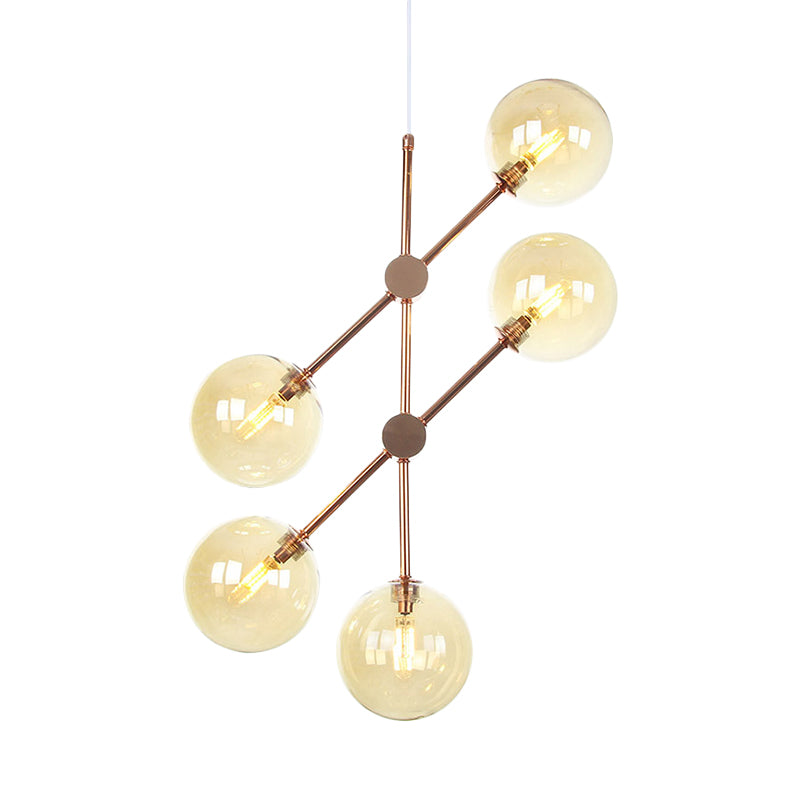 Modernist Global Hanging Ceiling Lamp Amber/Smoke Gray Glass 5 Bulbs Living Room LED Chandelier Lamp Clearhalo 'Ceiling Lights' 'Chandeliers' 'Glass shade' 'Glass' 'Modern Chandeliers' 'Modern' Lighting' 331757