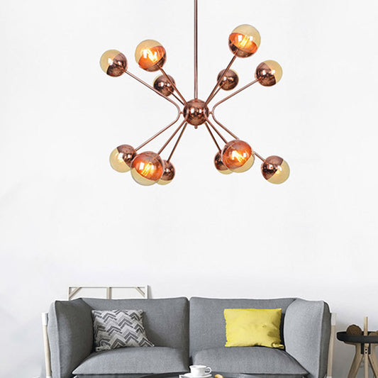 Modernist 12 Heads Chandelier Rose Gold Sphere Hanging Ceiling Light with Amber Glass Shade Clearhalo 'Ceiling Lights' 'Chandeliers' 'Glass shade' 'Glass' 'Modern Chandeliers' 'Modern' Lighting' 331789
