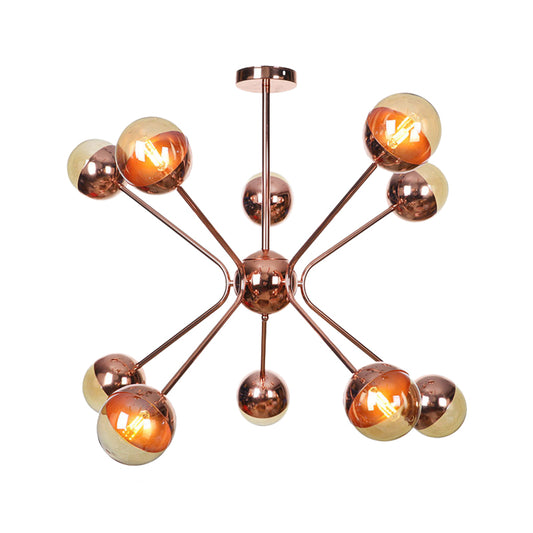 Modernist 12 Heads Chandelier Rose Gold Sphere Hanging Ceiling Light with Amber Glass Shade Clearhalo 'Ceiling Lights' 'Chandeliers' 'Glass shade' 'Glass' 'Modern Chandeliers' 'Modern' Lighting' 331790