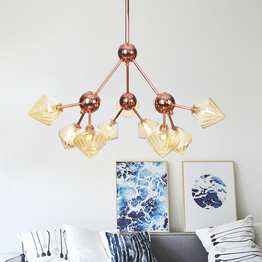 Amber Glass Diamond Hanging Chandelier Modernism 9 Bulbs Rose Gold Pendant Light Fixture Rose Gold Clearhalo 'Ceiling Lights' 'Chandeliers' 'Close To Ceiling Lights' 'Glass shade' 'Glass' 'Modern Chandeliers' 'Modern' Lighting' 331802