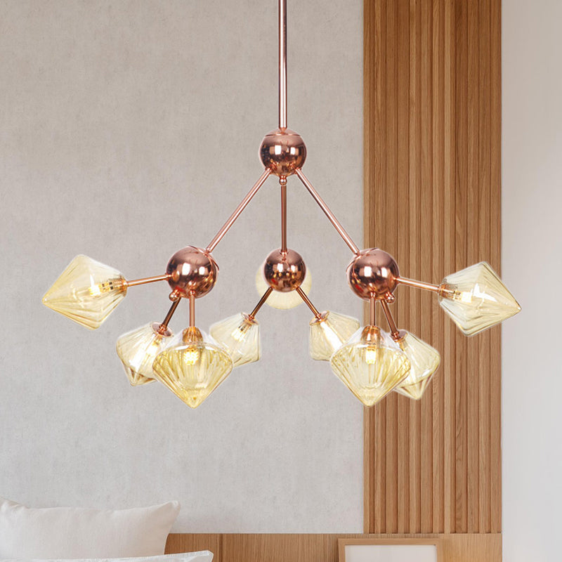Amber Glass Diamond Hanging Chandelier Modernism 9 Bulbs Rose Gold Pendant Light Fixture Clearhalo 'Ceiling Lights' 'Chandeliers' 'Close To Ceiling Lights' 'Glass shade' 'Glass' 'Modern Chandeliers' 'Modern' Lighting' 331803