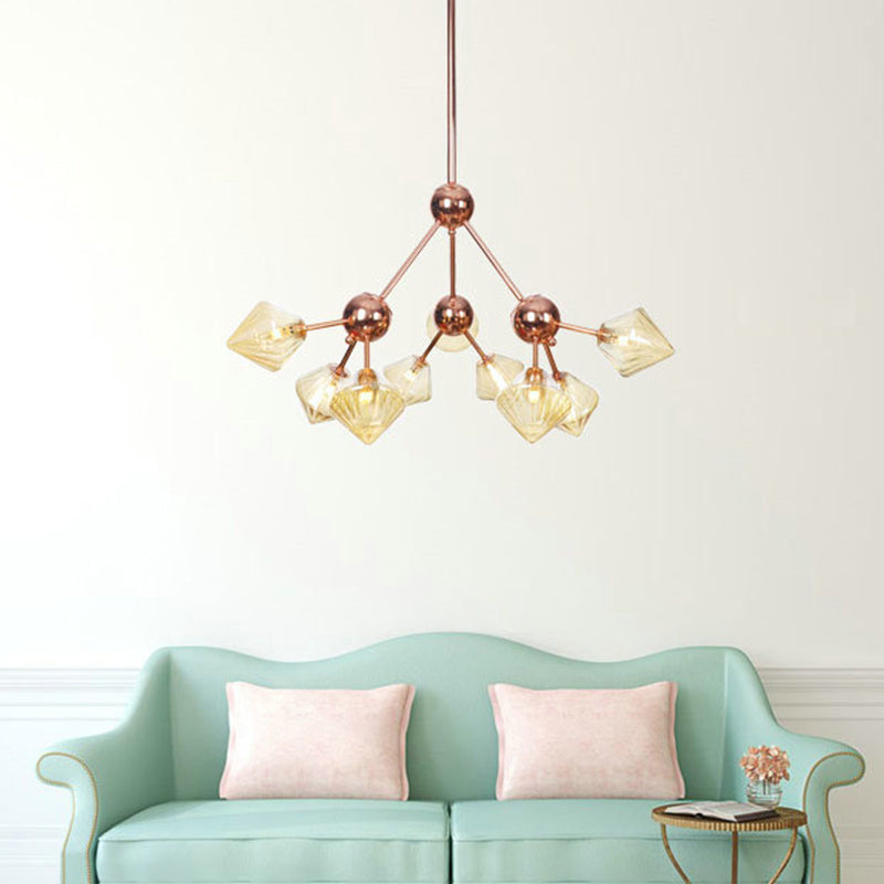 Amber Glass Diamond Hanging Chandelier Modernism 9 Bulbs Rose Gold Pendant Light Fixture Clearhalo 'Ceiling Lights' 'Chandeliers' 'Close To Ceiling Lights' 'Glass shade' 'Glass' 'Modern Chandeliers' 'Modern' Lighting' 331804