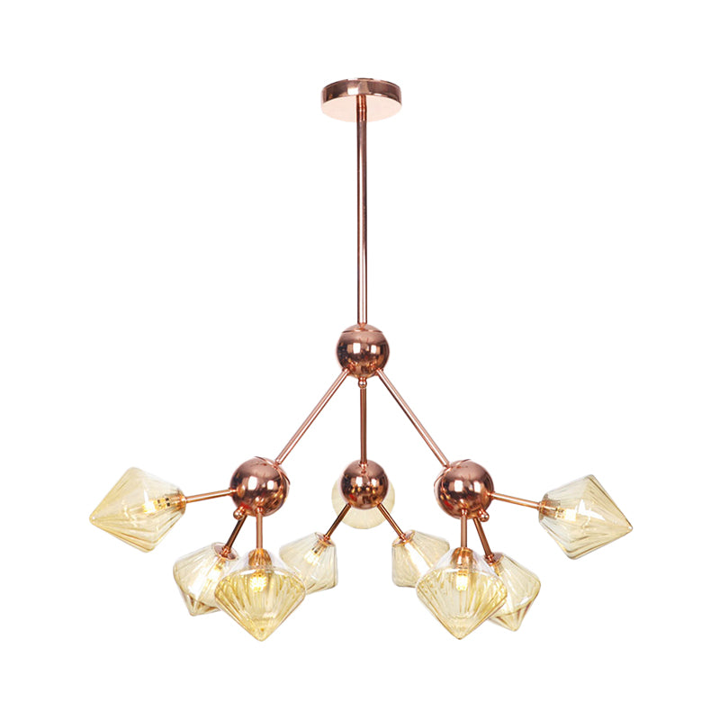 Amber Glass Diamond Hanging Chandelier Modernism 9 Bulbs Rose Gold Pendant Light Fixture Clearhalo 'Ceiling Lights' 'Chandeliers' 'Close To Ceiling Lights' 'Glass shade' 'Glass' 'Modern Chandeliers' 'Modern' Lighting' 331805