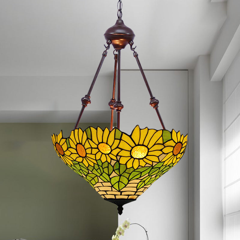 2 Lights Kitchen Ceiling Chandelier Mediterranean Red/Yellow/Orange with Flower Stained Glass Shade Clearhalo 'Ceiling Lights' 'Chandeliers' 'Industrial' 'Middle Century Chandeliers' 'Tiffany Chandeliers' 'Tiffany close to ceiling' 'Tiffany' Lighting' 331819