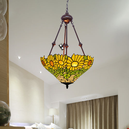 2 Lights Kitchen Ceiling Chandelier Mediterranean Red/Yellow/Orange with Flower Stained Glass Shade Clearhalo 'Ceiling Lights' 'Chandeliers' 'Industrial' 'Middle Century Chandeliers' 'Tiffany Chandeliers' 'Tiffany close to ceiling' 'Tiffany' Lighting' 331820