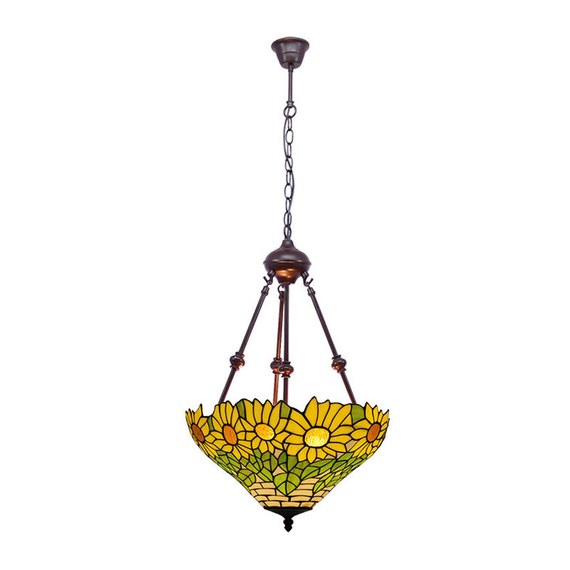 2 Lights Kitchen Ceiling Chandelier Mediterranean Red/Yellow/Orange with Flower Stained Glass Shade Clearhalo 'Ceiling Lights' 'Chandeliers' 'Industrial' 'Middle Century Chandeliers' 'Tiffany Chandeliers' 'Tiffany close to ceiling' 'Tiffany' Lighting' 331821