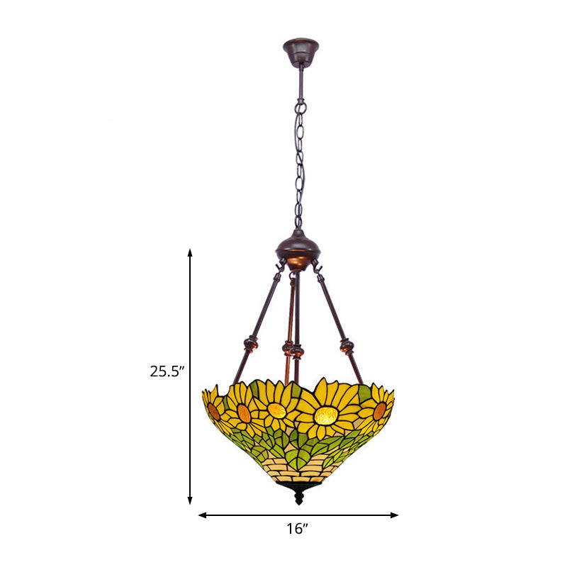 2 Lights Kitchen Ceiling Chandelier Mediterranean Red/Yellow/Orange with Flower Stained Glass Shade Clearhalo 'Ceiling Lights' 'Chandeliers' 'Industrial' 'Middle Century Chandeliers' 'Tiffany Chandeliers' 'Tiffany close to ceiling' 'Tiffany' Lighting' 331822