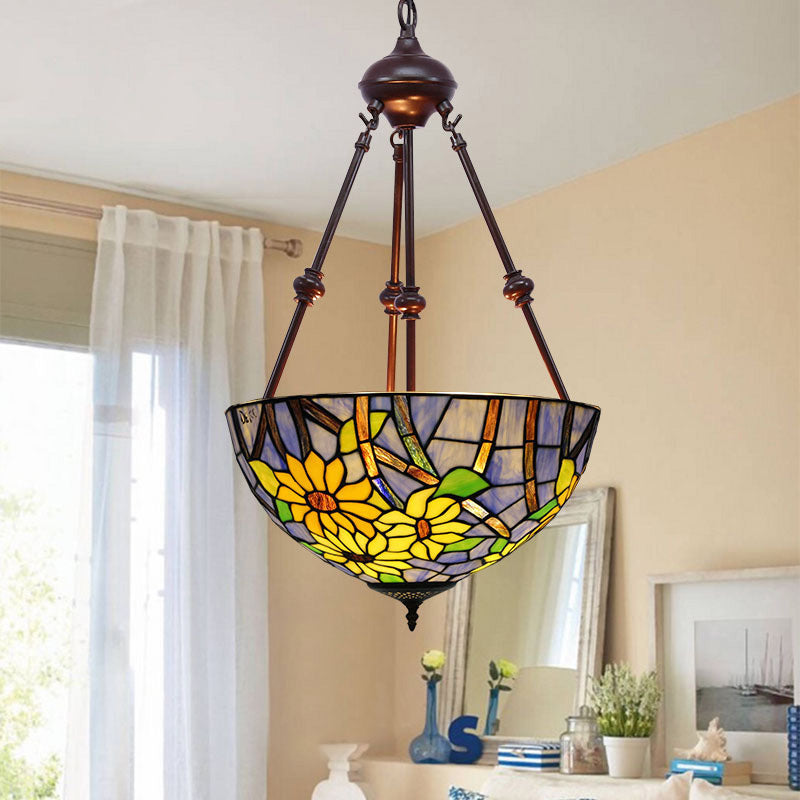 2 Lights Kitchen Ceiling Chandelier Mediterranean Red/Yellow/Orange with Flower Stained Glass Shade Purple Clearhalo 'Ceiling Lights' 'Chandeliers' 'Industrial' 'Middle Century Chandeliers' 'Tiffany Chandeliers' 'Tiffany close to ceiling' 'Tiffany' Lighting' 331823