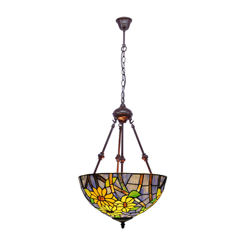 2 Lights Kitchen Ceiling Chandelier Mediterranean Red/Yellow/Orange with Flower Stained Glass Shade Clearhalo 'Ceiling Lights' 'Chandeliers' 'Industrial' 'Middle Century Chandeliers' 'Tiffany Chandeliers' 'Tiffany close to ceiling' 'Tiffany' Lighting' 331824