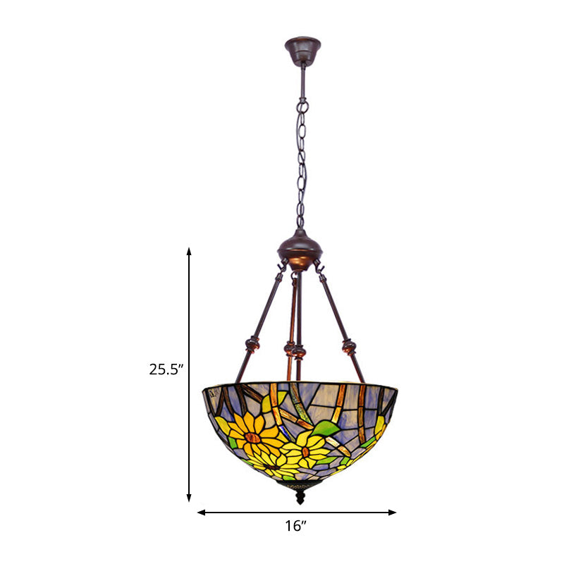 2 Lights Kitchen Ceiling Chandelier Mediterranean Red/Yellow/Orange with Flower Stained Glass Shade Clearhalo 'Ceiling Lights' 'Chandeliers' 'Industrial' 'Middle Century Chandeliers' 'Tiffany Chandeliers' 'Tiffany close to ceiling' 'Tiffany' Lighting' 331825