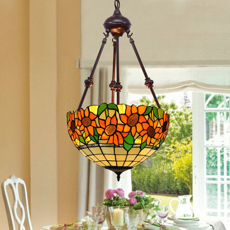 2 Lights Kitchen Ceiling Chandelier Mediterranean Red/Yellow/Orange with Flower Stained Glass Shade Orange Clearhalo 'Ceiling Lights' 'Chandeliers' 'Industrial' 'Middle Century Chandeliers' 'Tiffany Chandeliers' 'Tiffany close to ceiling' 'Tiffany' Lighting' 331826