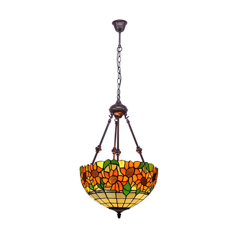 2 Lights Kitchen Ceiling Chandelier Mediterranean Red/Yellow/Orange with Flower Stained Glass Shade Clearhalo 'Ceiling Lights' 'Chandeliers' 'Industrial' 'Middle Century Chandeliers' 'Tiffany Chandeliers' 'Tiffany close to ceiling' 'Tiffany' Lighting' 331827