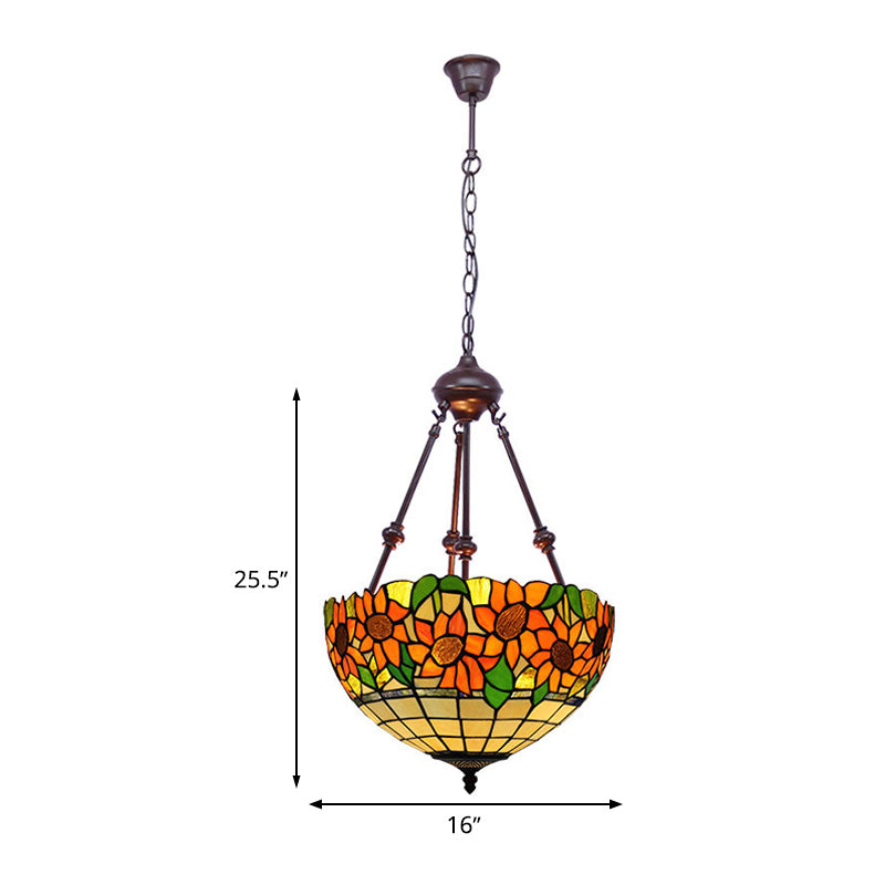 2 Lights Kitchen Ceiling Chandelier Mediterranean Red/Yellow/Orange with Flower Stained Glass Shade Clearhalo 'Ceiling Lights' 'Chandeliers' 'Industrial' 'Middle Century Chandeliers' 'Tiffany Chandeliers' 'Tiffany close to ceiling' 'Tiffany' Lighting' 331828