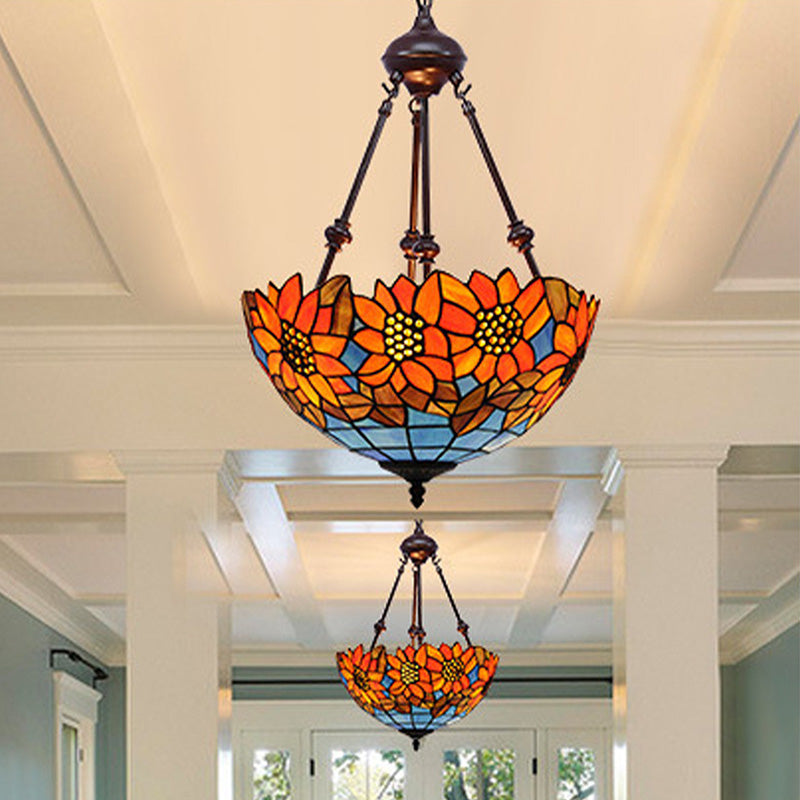 2 Lights Kitchen Ceiling Chandelier Mediterranean Red/Yellow/Orange with Flower Stained Glass Shade Blue Clearhalo 'Ceiling Lights' 'Chandeliers' 'Industrial' 'Middle Century Chandeliers' 'Tiffany Chandeliers' 'Tiffany close to ceiling' 'Tiffany' Lighting' 331829