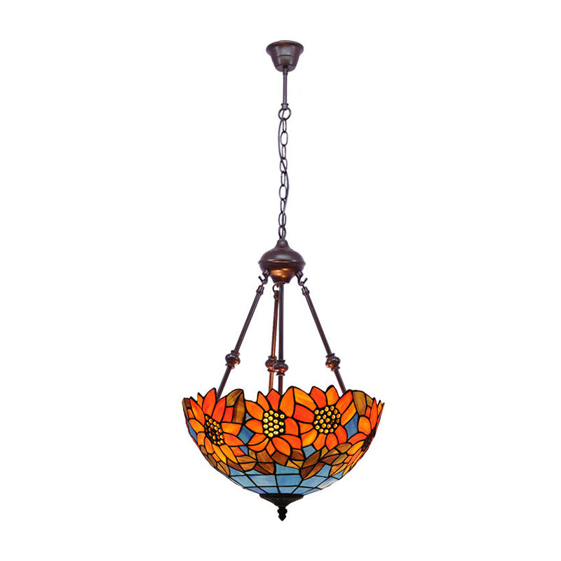 2 Lights Kitchen Ceiling Chandelier Mediterranean Red/Yellow/Orange with Flower Stained Glass Shade Clearhalo 'Ceiling Lights' 'Chandeliers' 'Industrial' 'Middle Century Chandeliers' 'Tiffany Chandeliers' 'Tiffany close to ceiling' 'Tiffany' Lighting' 331830