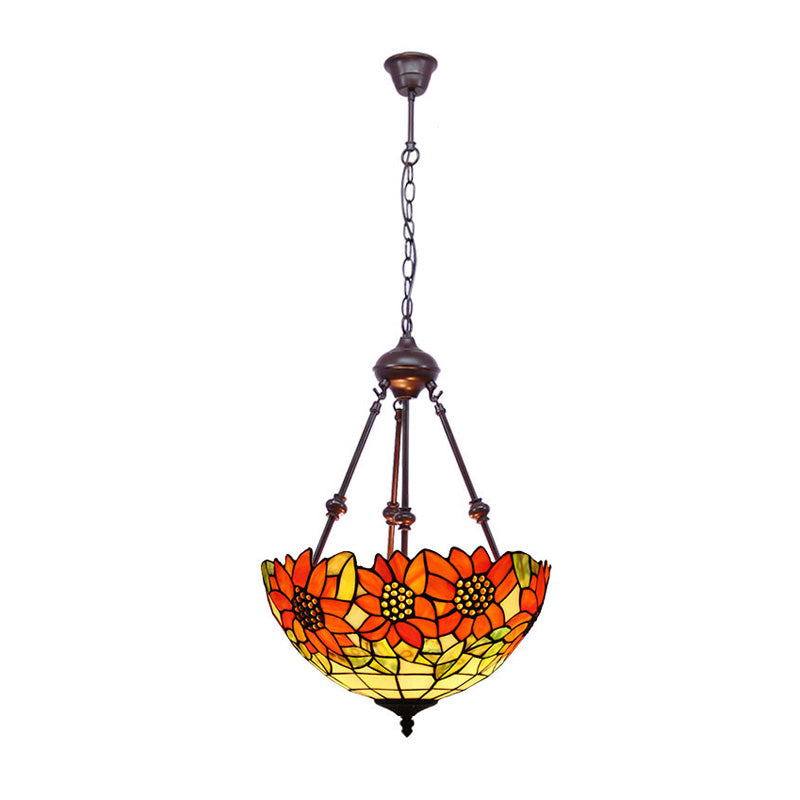 2 Lights Kitchen Ceiling Chandelier Mediterranean Red/Yellow/Orange with Flower Stained Glass Shade Red Clearhalo 'Ceiling Lights' 'Chandeliers' 'Industrial' 'Middle Century Chandeliers' 'Tiffany Chandeliers' 'Tiffany close to ceiling' 'Tiffany' Lighting' 331832