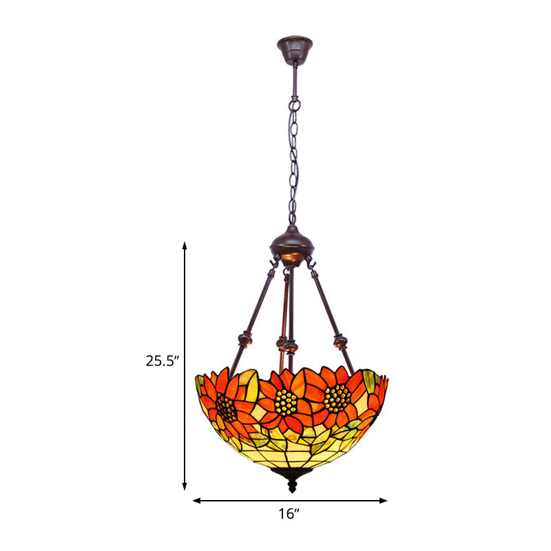 2 Lights Kitchen Ceiling Chandelier Mediterranean Red/Yellow/Orange with Flower Stained Glass Shade Clearhalo 'Ceiling Lights' 'Chandeliers' 'Industrial' 'Middle Century Chandeliers' 'Tiffany Chandeliers' 'Tiffany close to ceiling' 'Tiffany' Lighting' 331833
