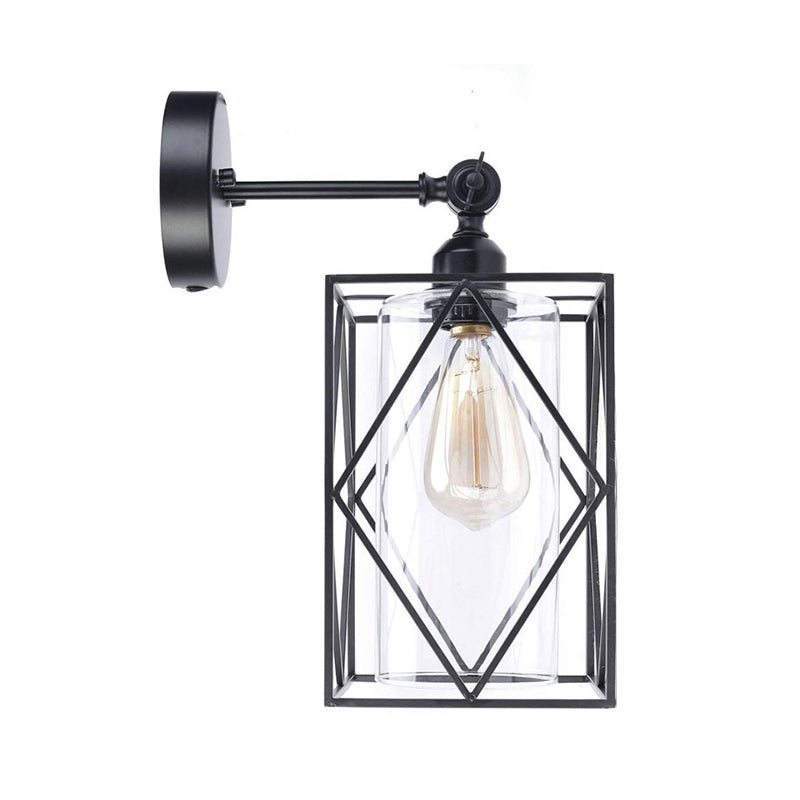 Black Caged Wall Lamp Industrial 1 Head Metal Wall Lighting with Inner Cylinder Clear Glass Shade, Direct Wired Electric/Plug In Electric Clearhalo 'Art deco wall lights' 'Cast Iron' 'Glass' 'Industrial wall lights' 'Industrial' 'Middle century wall lights' 'Modern' 'Rustic wall lights' 'Tiffany' 'Traditional wall lights' 'Wall Lamps & Sconces' 'Wall Lights' Lighting' 331842