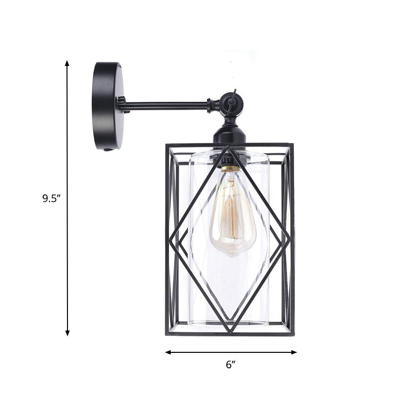 Black Caged Wall Lamp Industrial 1 Head Metal Wall Lighting with Inner Cylinder Clear Glass Shade, Direct Wired Electric/Plug In Electric Clearhalo 'Art deco wall lights' 'Cast Iron' 'Glass' 'Industrial wall lights' 'Industrial' 'Middle century wall lights' 'Modern' 'Rustic wall lights' 'Tiffany' 'Traditional wall lights' 'Wall Lamps & Sconces' 'Wall Lights' Lighting' 331843