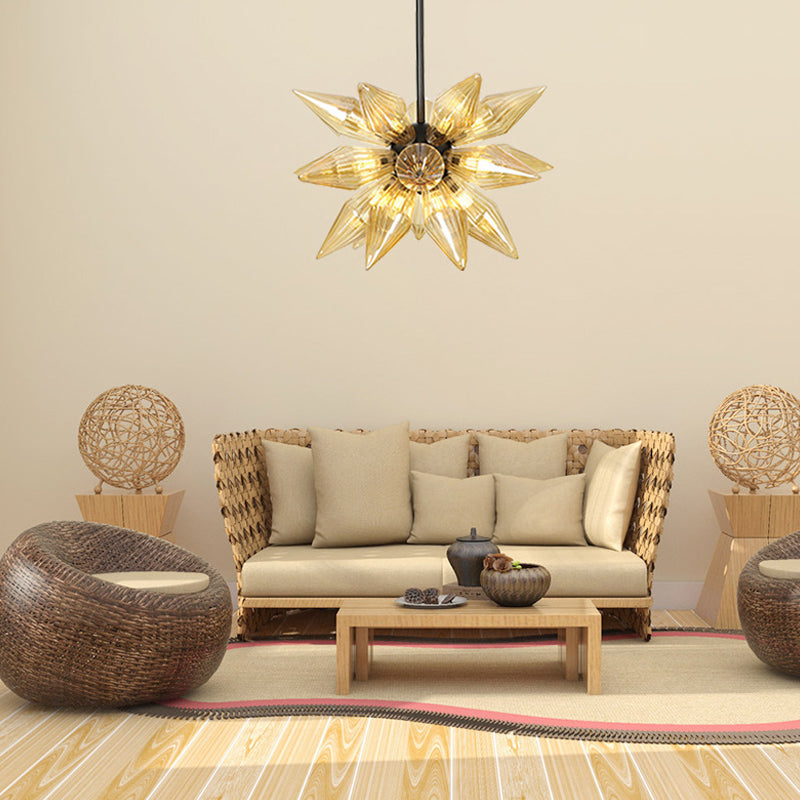 12 Bulbs Bedroom Chandelier Lighting Contemporary Black Hanging Ceiling Lamp with Diamond Amber Glass Shade Clearhalo 'Ceiling Lights' 'Chandeliers' 'Close To Ceiling Lights' 'Glass shade' 'Glass' 'Modern Chandeliers' 'Modern' Lighting' 331856