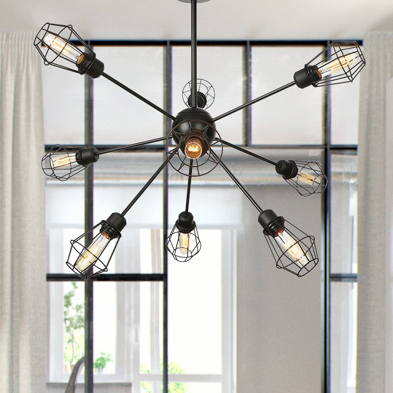 9/12/15 Lights Restaurant Chandelier Pendant Light Farmhouse Style Black Ceiling Lamp with Cage Metal Shade Clearhalo 'Cast Iron' 'Ceiling Lights' 'Chandeliers' 'Industrial Chandeliers' 'Industrial' 'Metal' 'Middle Century Chandeliers' 'Rustic Chandeliers' 'Tiffany' Lighting' 331901
