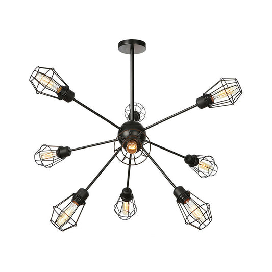 9/12/15 Lights Restaurant Chandelier Pendant Light Farmhouse Style Black Ceiling Lamp with Cage Metal Shade Clearhalo 'Cast Iron' 'Ceiling Lights' 'Chandeliers' 'Industrial Chandeliers' 'Industrial' 'Metal' 'Middle Century Chandeliers' 'Rustic Chandeliers' 'Tiffany' Lighting' 331903