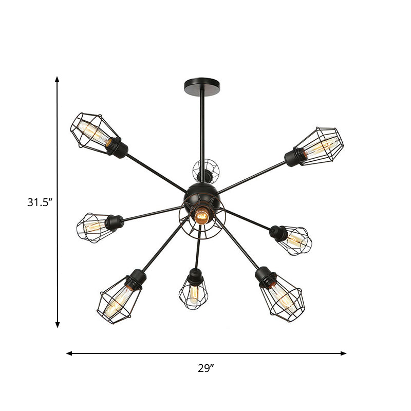 9/12/15 Lights Restaurant Chandelier Pendant Light Farmhouse Style Black Ceiling Lamp with Cage Metal Shade Clearhalo 'Cast Iron' 'Ceiling Lights' 'Chandeliers' 'Industrial Chandeliers' 'Industrial' 'Metal' 'Middle Century Chandeliers' 'Rustic Chandeliers' 'Tiffany' Lighting' 331904