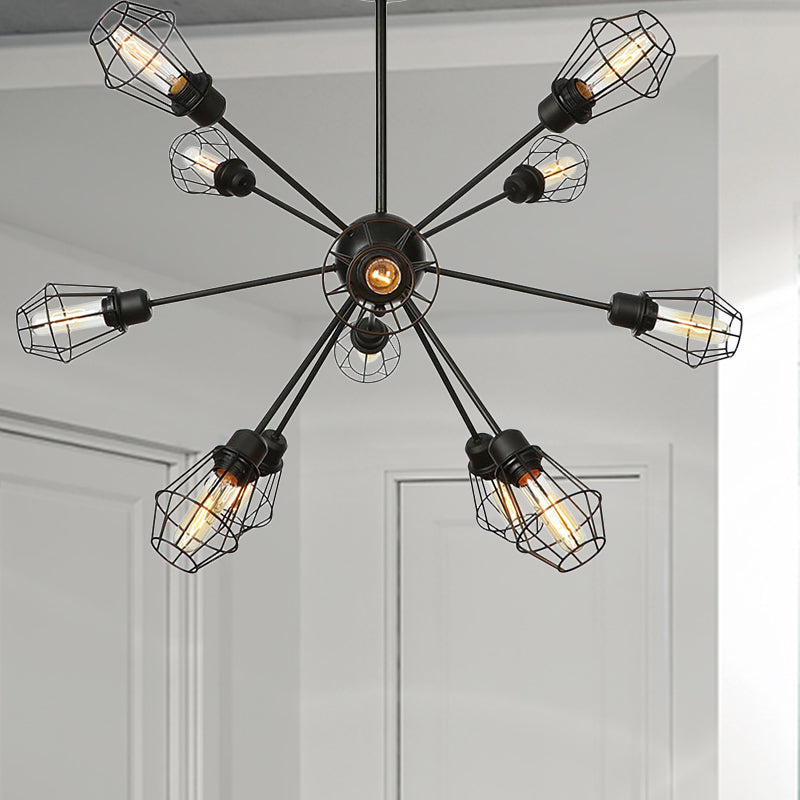 9/12/15 Lights Restaurant Chandelier Pendant Light Farmhouse Style Black Ceiling Lamp with Cage Metal Shade 12 Black Clearhalo 'Cast Iron' 'Ceiling Lights' 'Chandeliers' 'Industrial Chandeliers' 'Industrial' 'Metal' 'Middle Century Chandeliers' 'Rustic Chandeliers' 'Tiffany' Lighting' 331905