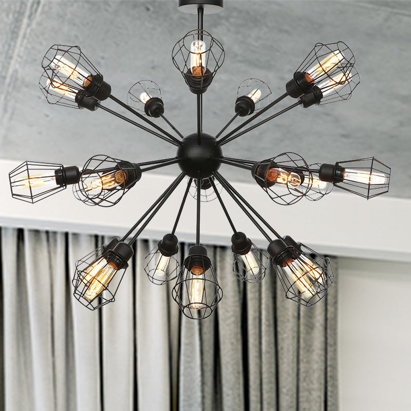 9/12/15 Lights Restaurant Chandelier Pendant Light Farmhouse Style Black Ceiling Lamp with Cage Metal Shade 21 Black Clearhalo 'Cast Iron' 'Ceiling Lights' 'Chandeliers' 'Industrial Chandeliers' 'Industrial' 'Metal' 'Middle Century Chandeliers' 'Rustic Chandeliers' 'Tiffany' Lighting' 331909