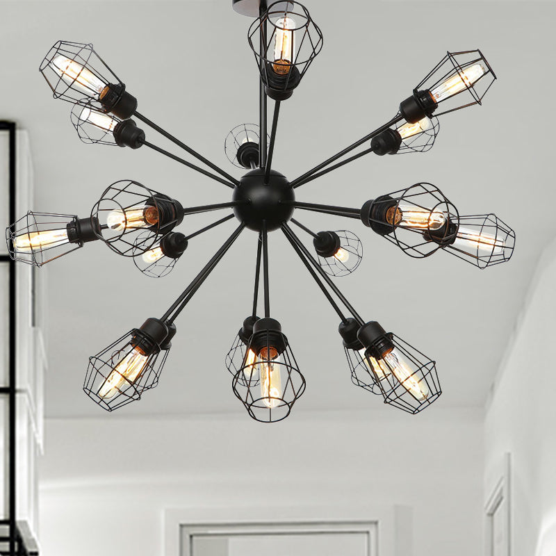 9/12/15 Lights Restaurant Chandelier Pendant Light Farmhouse Style Black Ceiling Lamp with Cage Metal Shade 18 Black Clearhalo 'Cast Iron' 'Ceiling Lights' 'Chandeliers' 'Industrial Chandeliers' 'Industrial' 'Metal' 'Middle Century Chandeliers' 'Rustic Chandeliers' 'Tiffany' Lighting' 331913