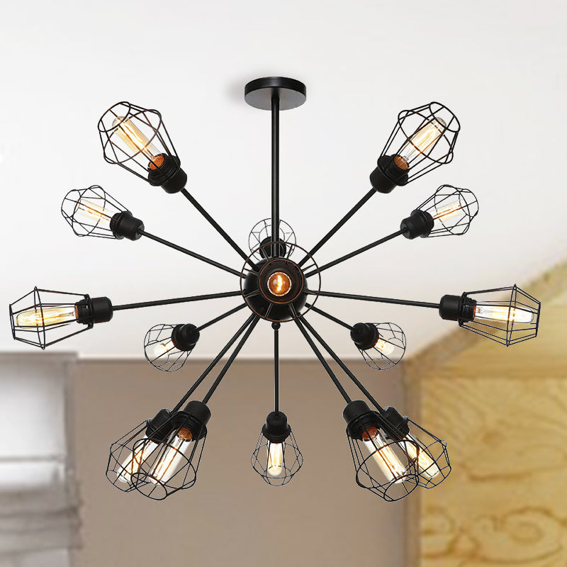 9/12/15 Lights Restaurant Chandelier Pendant Light Farmhouse Style Black Ceiling Lamp with Cage Metal Shade 15 Black Clearhalo 'Cast Iron' 'Ceiling Lights' 'Chandeliers' 'Industrial Chandeliers' 'Industrial' 'Metal' 'Middle Century Chandeliers' 'Rustic Chandeliers' 'Tiffany' Lighting' 331917
