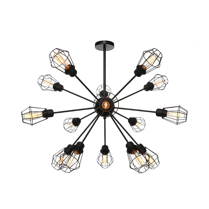 9/12/15 Lights Restaurant Chandelier Pendant Light Farmhouse Style Black Ceiling Lamp with Cage Metal Shade Clearhalo 'Cast Iron' 'Ceiling Lights' 'Chandeliers' 'Industrial Chandeliers' 'Industrial' 'Metal' 'Middle Century Chandeliers' 'Rustic Chandeliers' 'Tiffany' Lighting' 331919