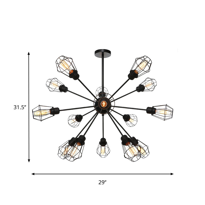 9/12/15 Lights Restaurant Chandelier Pendant Light Farmhouse Style Black Ceiling Lamp with Cage Metal Shade Clearhalo 'Cast Iron' 'Ceiling Lights' 'Chandeliers' 'Industrial Chandeliers' 'Industrial' 'Metal' 'Middle Century Chandeliers' 'Rustic Chandeliers' 'Tiffany' Lighting' 331920