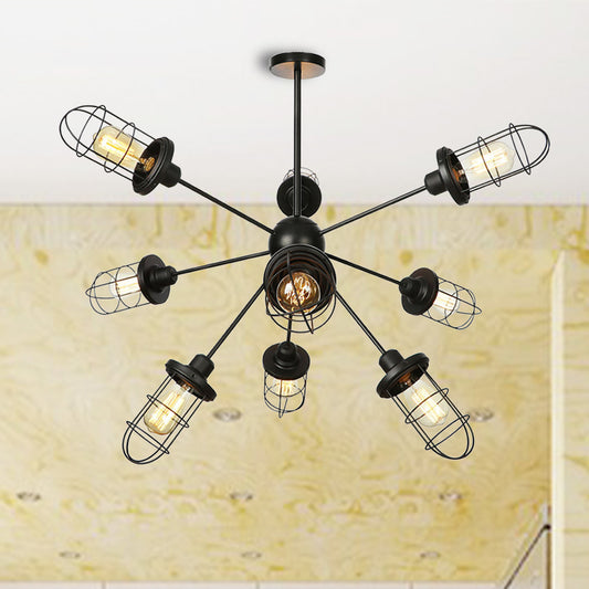Caged Chandelier Lamp Farmhouse Style Iron 9/12/15 Lights Black Finish Hanging Ceiling Fixture with Sputnik Design 9 Black Clearhalo 'Cast Iron' 'Ceiling Lights' 'Chandeliers' 'Industrial Chandeliers' 'Industrial' 'Metal' 'Middle Century Chandeliers' 'Rustic Chandeliers' 'Tiffany' Lighting' 331930