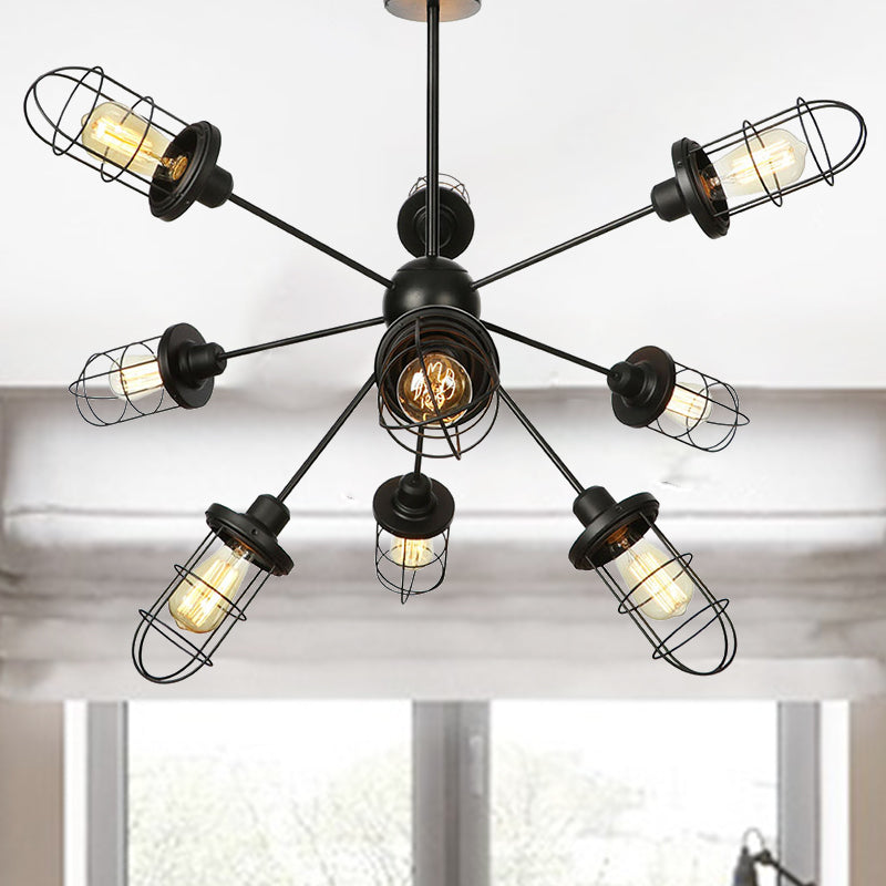 Caged Chandelier Lamp Farmhouse Style Iron 9/12/15 Lights Black Finish Hanging Ceiling Fixture with Sputnik Design Clearhalo 'Cast Iron' 'Ceiling Lights' 'Chandeliers' 'Industrial Chandeliers' 'Industrial' 'Metal' 'Middle Century Chandeliers' 'Rustic Chandeliers' 'Tiffany' Lighting' 331931