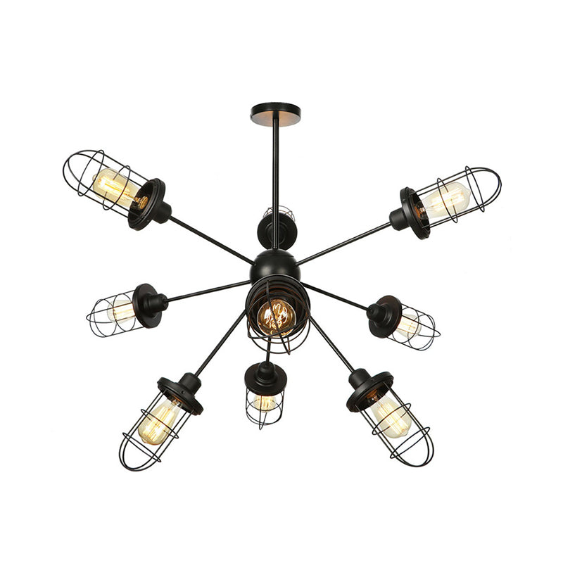 Caged Chandelier Lamp Farmhouse Style Iron 9/12/15 Lights Black Finish Hanging Ceiling Fixture with Sputnik Design Clearhalo 'Cast Iron' 'Ceiling Lights' 'Chandeliers' 'Industrial Chandeliers' 'Industrial' 'Metal' 'Middle Century Chandeliers' 'Rustic Chandeliers' 'Tiffany' Lighting' 331933