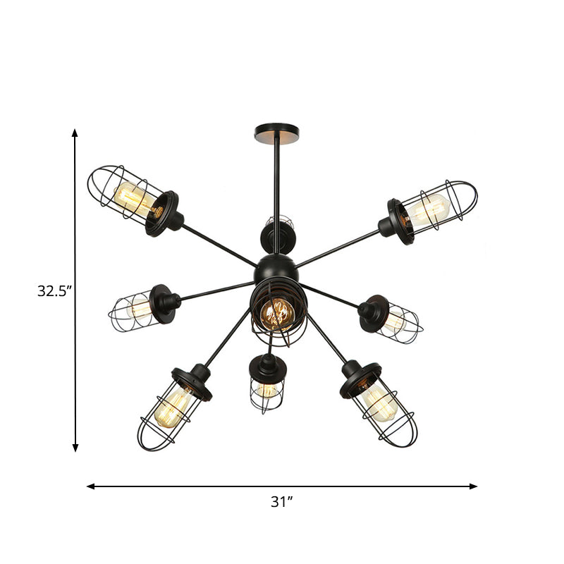 Caged Chandelier Lamp Farmhouse Style Iron 9/12/15 Lights Black Finish Hanging Ceiling Fixture with Sputnik Design Clearhalo 'Cast Iron' 'Ceiling Lights' 'Chandeliers' 'Industrial Chandeliers' 'Industrial' 'Metal' 'Middle Century Chandeliers' 'Rustic Chandeliers' 'Tiffany' Lighting' 331934