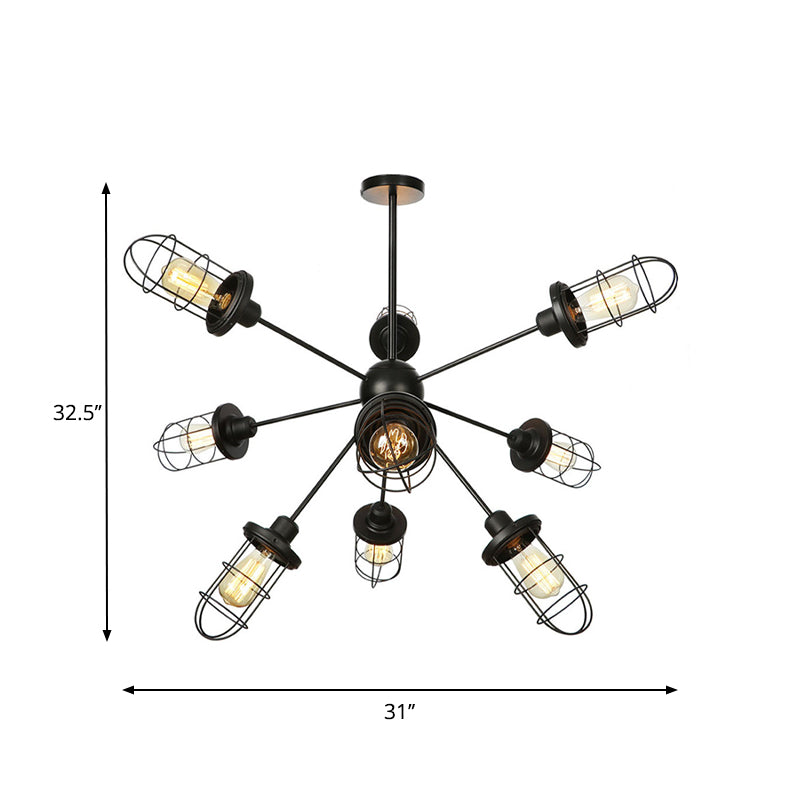 Caged Chandelier Lamp Farmhouse Style Iron 9/12/15 Lights Black Finish Hanging Ceiling Fixture with Sputnik Design Clearhalo 'Cast Iron' 'Ceiling Lights' 'Chandeliers' 'Industrial Chandeliers' 'Industrial' 'Metal' 'Middle Century Chandeliers' 'Rustic Chandeliers' 'Tiffany' Lighting' 331934
