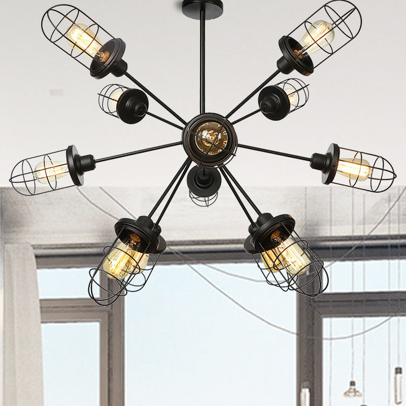 Caged Chandelier Lamp Farmhouse Style Iron 9/12/15 Lights Black Finish Hanging Ceiling Fixture with Sputnik Design 12 Black Clearhalo 'Cast Iron' 'Ceiling Lights' 'Chandeliers' 'Industrial Chandeliers' 'Industrial' 'Metal' 'Middle Century Chandeliers' 'Rustic Chandeliers' 'Tiffany' Lighting' 331935