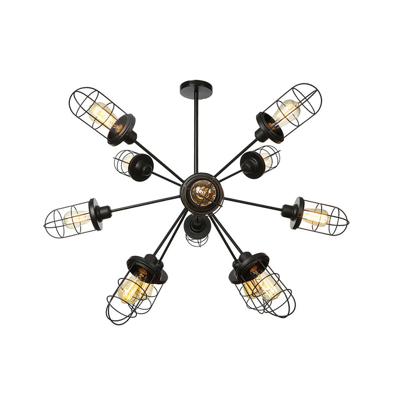 Caged Chandelier Lamp Farmhouse Style Iron 9/12/15 Lights Black Finish Hanging Ceiling Fixture with Sputnik Design Clearhalo 'Cast Iron' 'Ceiling Lights' 'Chandeliers' 'Industrial Chandeliers' 'Industrial' 'Metal' 'Middle Century Chandeliers' 'Rustic Chandeliers' 'Tiffany' Lighting' 331937