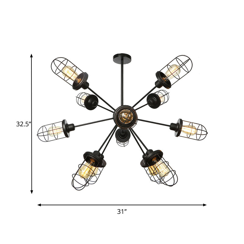 Caged Chandelier Lamp Farmhouse Style Iron 9/12/15 Lights Black Finish Hanging Ceiling Fixture with Sputnik Design Clearhalo 'Cast Iron' 'Ceiling Lights' 'Chandeliers' 'Industrial Chandeliers' 'Industrial' 'Metal' 'Middle Century Chandeliers' 'Rustic Chandeliers' 'Tiffany' Lighting' 331938