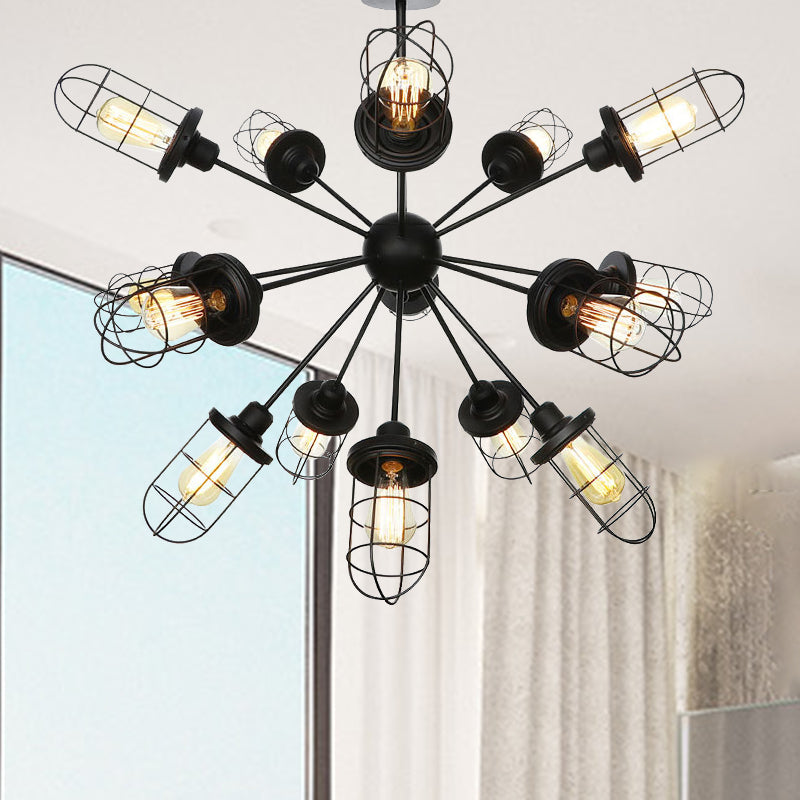 Caged Chandelier Lamp Farmhouse Style Iron 9/12/15 Lights Black Finish Hanging Ceiling Fixture with Sputnik Design 15 Black Clearhalo 'Cast Iron' 'Ceiling Lights' 'Chandeliers' 'Industrial Chandeliers' 'Industrial' 'Metal' 'Middle Century Chandeliers' 'Rustic Chandeliers' 'Tiffany' Lighting' 331939