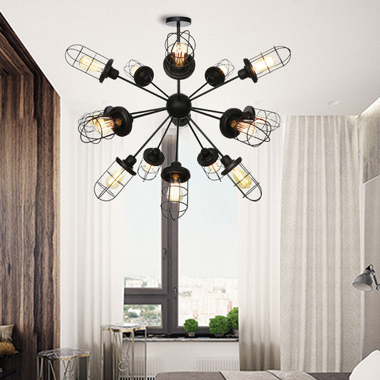 Caged Chandelier Lamp Farmhouse Style Iron 9/12/15 Lights Black Finish Hanging Ceiling Fixture with Sputnik Design Clearhalo 'Cast Iron' 'Ceiling Lights' 'Chandeliers' 'Industrial Chandeliers' 'Industrial' 'Metal' 'Middle Century Chandeliers' 'Rustic Chandeliers' 'Tiffany' Lighting' 331940