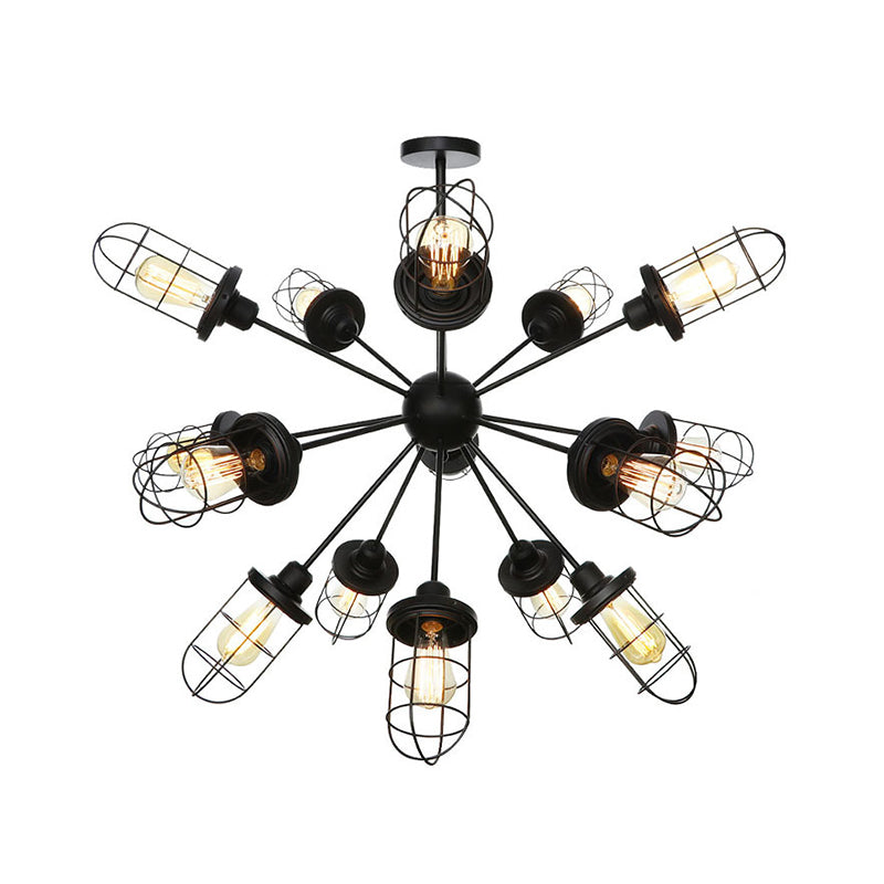 Caged Chandelier Lamp Farmhouse Style Iron 9/12/15 Lights Black Finish Hanging Ceiling Fixture with Sputnik Design Clearhalo 'Cast Iron' 'Ceiling Lights' 'Chandeliers' 'Industrial Chandeliers' 'Industrial' 'Metal' 'Middle Century Chandeliers' 'Rustic Chandeliers' 'Tiffany' Lighting' 331941